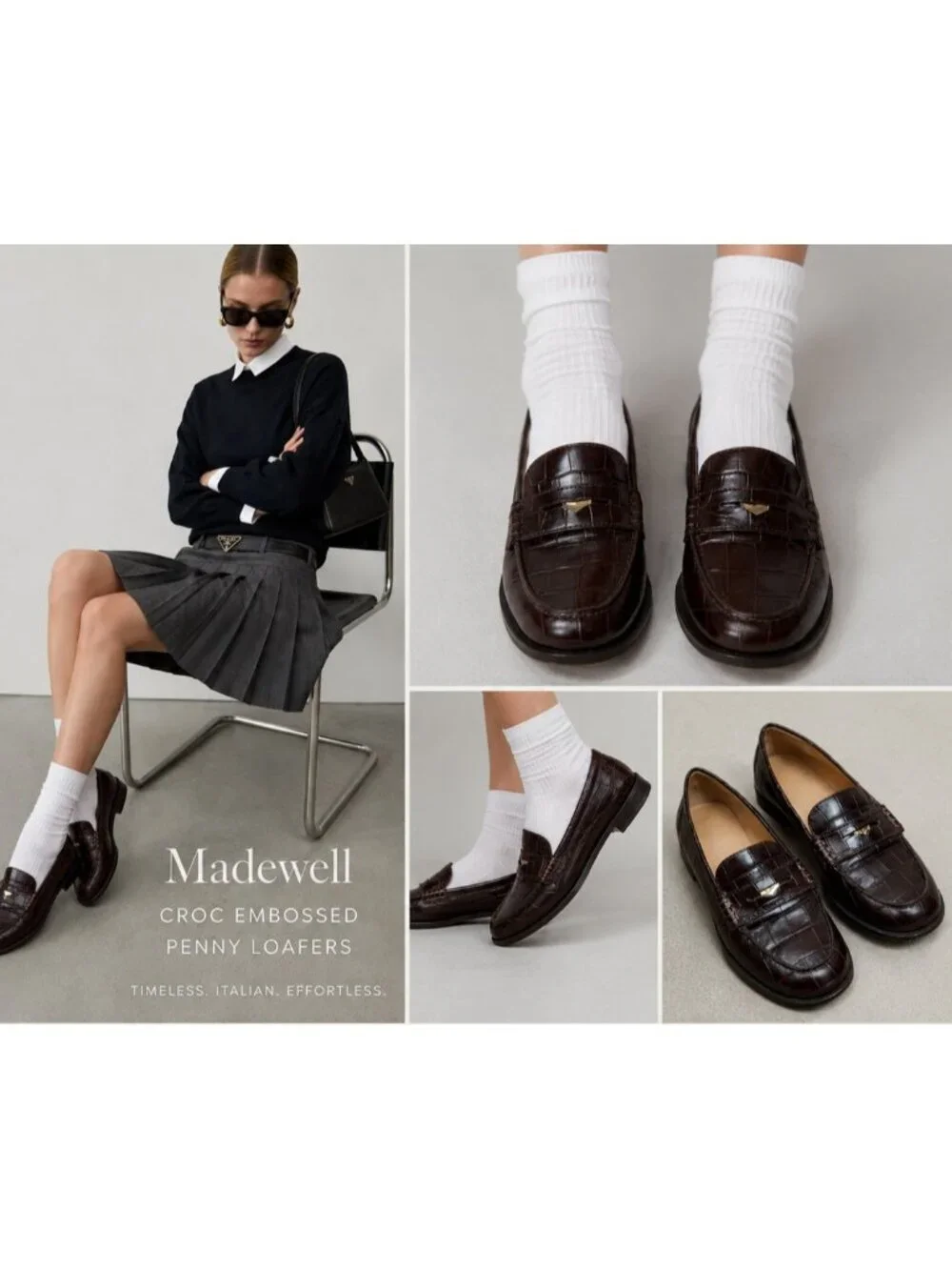 Madewell Croc Embossed Leather Penny Loafers Brown Women's Size 8.5